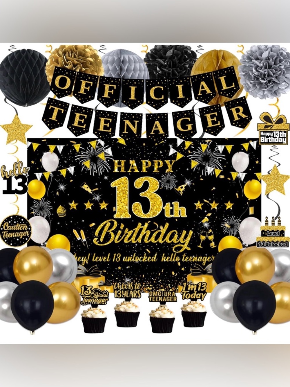 Official Teenager 13th Birthday Party Decorations Set(Black, Gold, Silver)&More